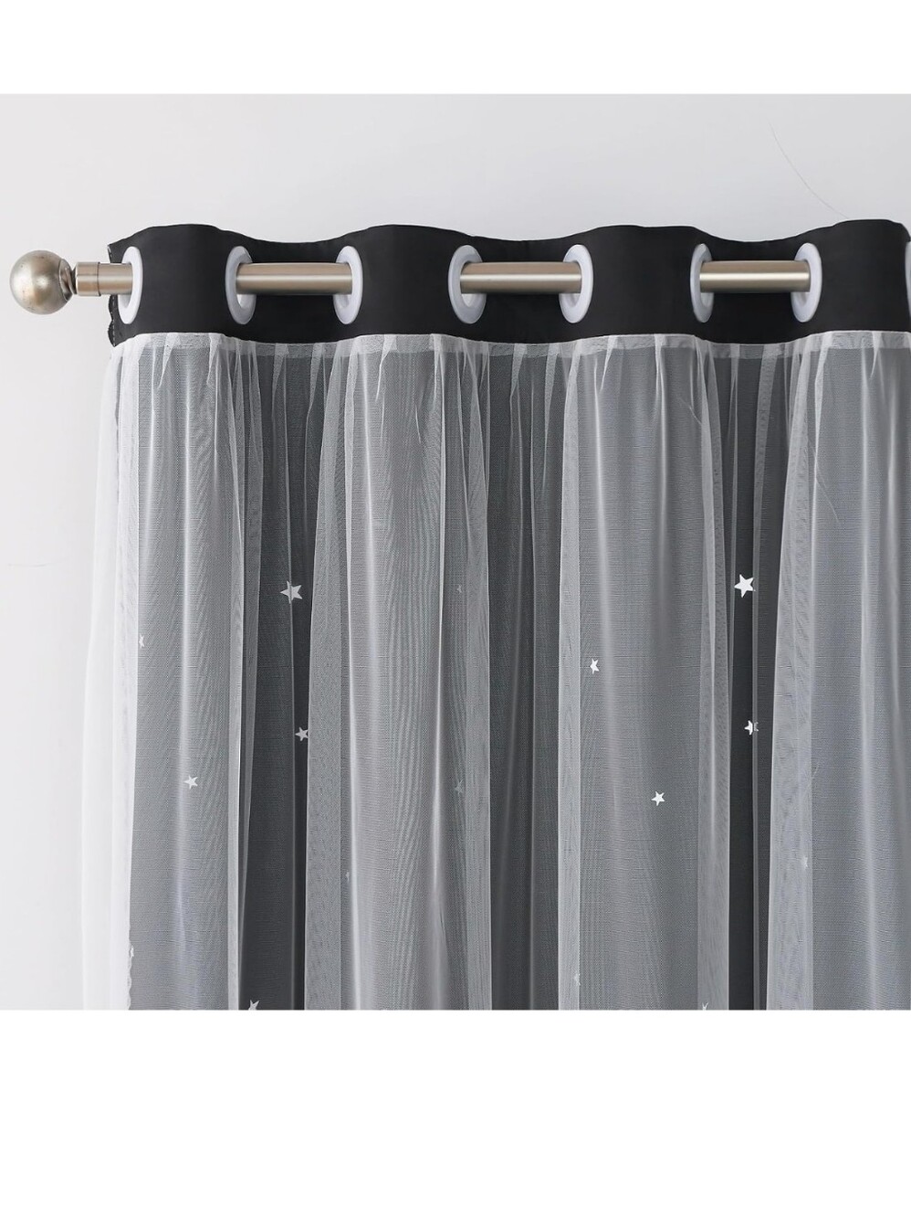 Sheer Star Cutout Over Black Out  Curtain- Black Satin, White Sheer 52"W 102" L